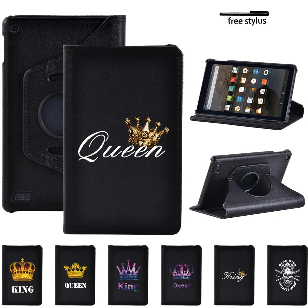 360 Degree Smart Rotating Tablet Stand Case for Fire 7 5th 7th 9th Gen 2015 2017 2019 King Queen Print PU Leather Protect Cover