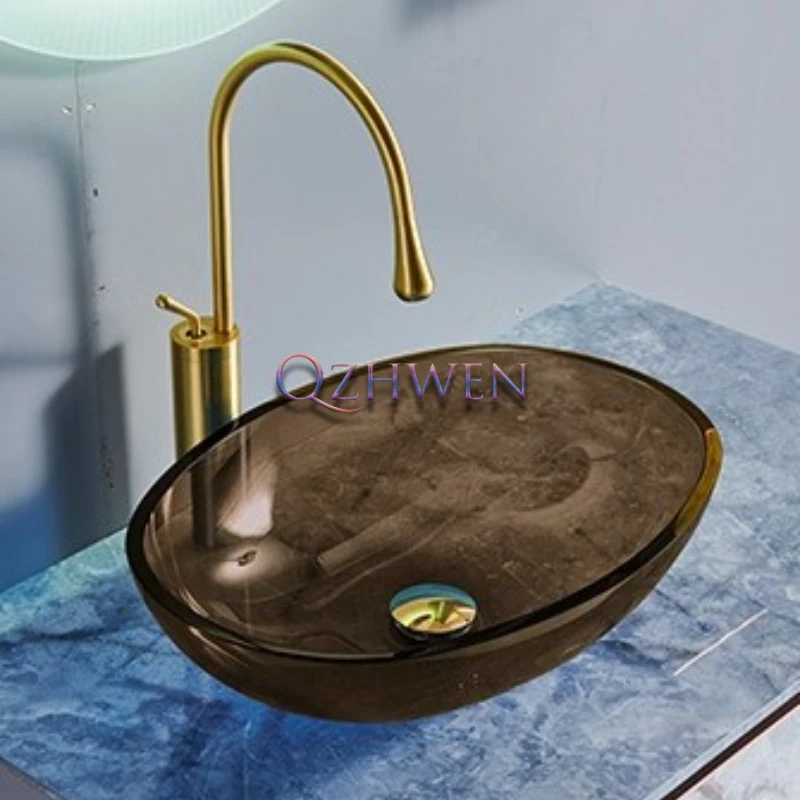 

Colored Transparent Tempered Glass Bathroom Sink Hotel Modern Countertop Washbasin Vessel Sink with Waterfall Faucet 49*35*13cm