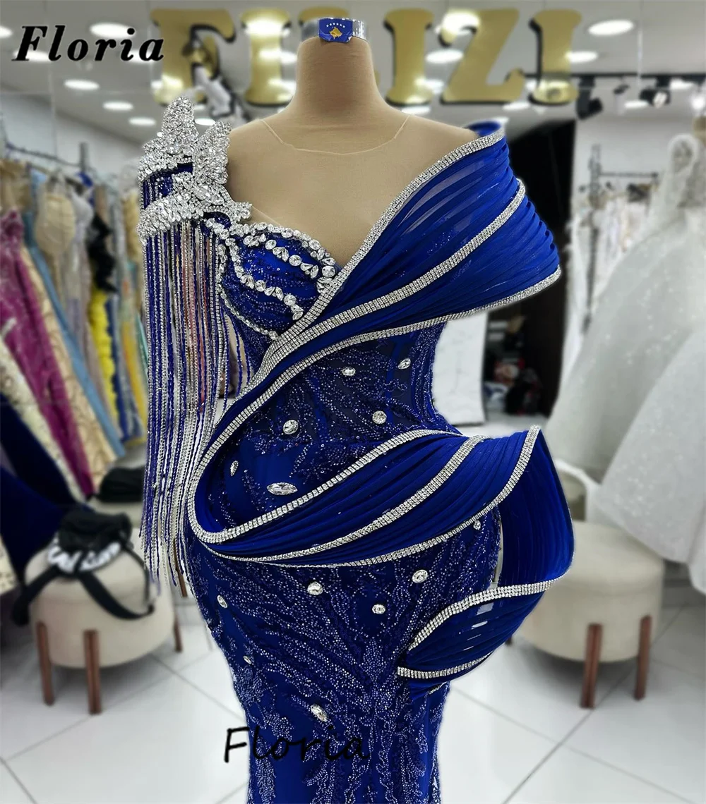 Gaun malam berlipat biru mewah gaun Prom kristal bermanik Dubai elegan jubah Du Soir gaun resepsi kedua pesta Afrika