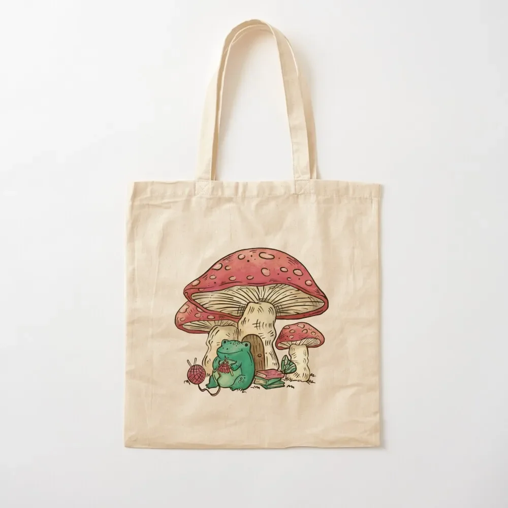 Frog sitting under a mushroom knitting, Cottage Core frog and mushroom, Cute frog and mushroom, Gift for people who kni Tote Bag