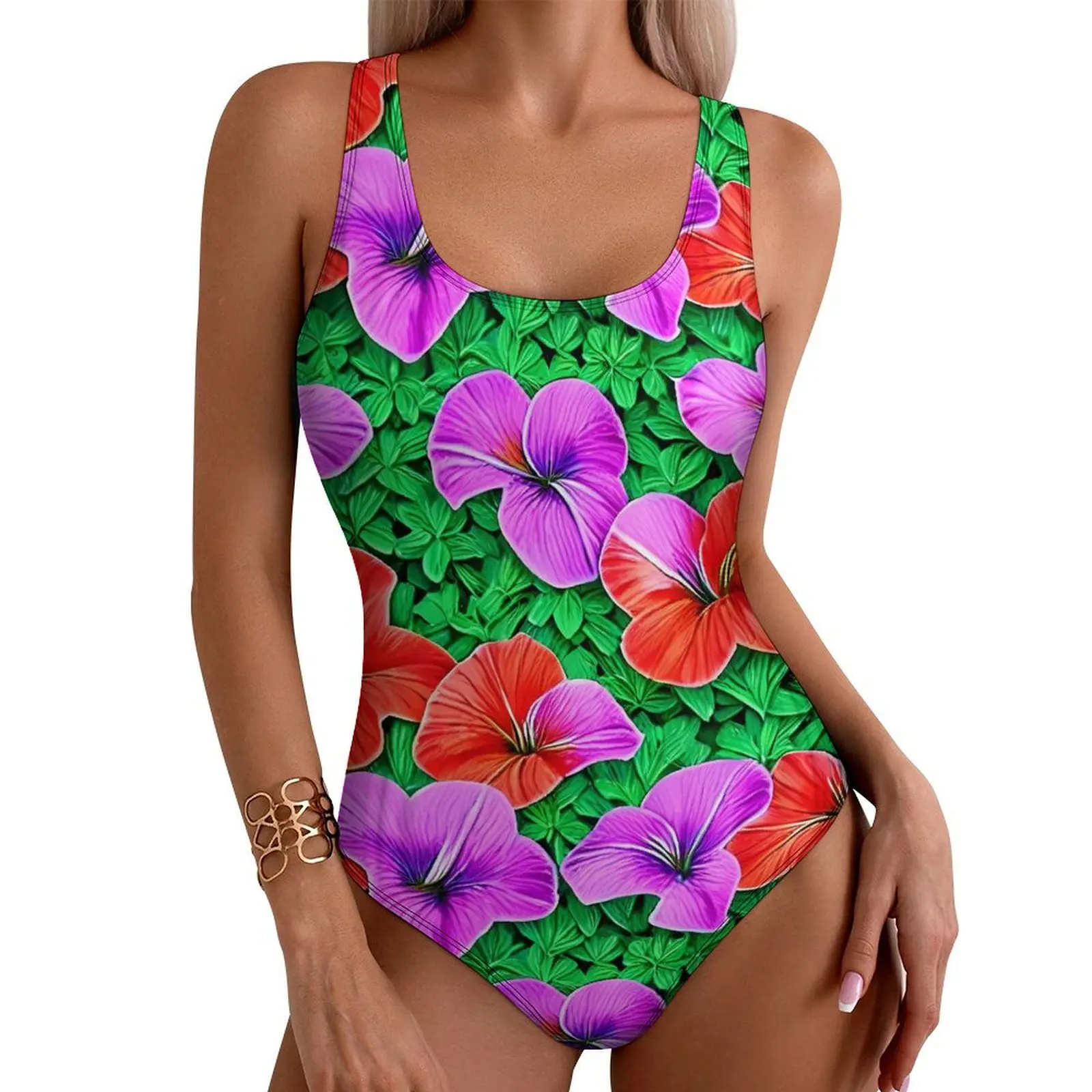 Floral Print Swimsuit Colorful Hibiscus Swimwear One Piece Pool Bodysuit Sleeveless Bathing Suits Female Push Up Sexy Beachwear