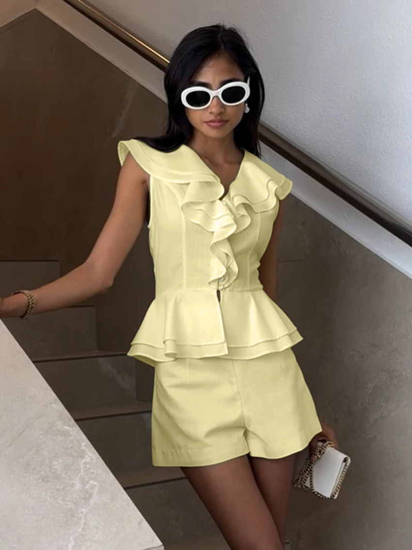 Marthaqiqi Casual Ladies Nightgown 2 Piece Suit Sexy V-Neck Pajama Sleeveless Nightwear Shorts Cotton Autumn Femme Sleepwear Set