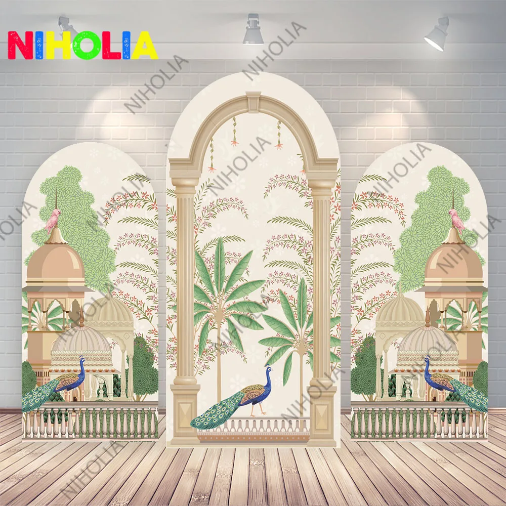 Fondo fotográfico de arco de despedida de soltera, tema indio de pavo real, accesorios de fotografía de poliéster de doble cara, decoración de fondo para fiesta de cumpleaños