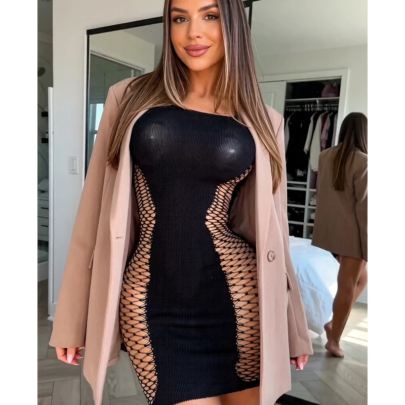 Women Summer Beach Cover Up Hollow Out Beachwear Bodycon Dress Without Underwear Sheer Mesh Fishnet Music festival Swimsuit