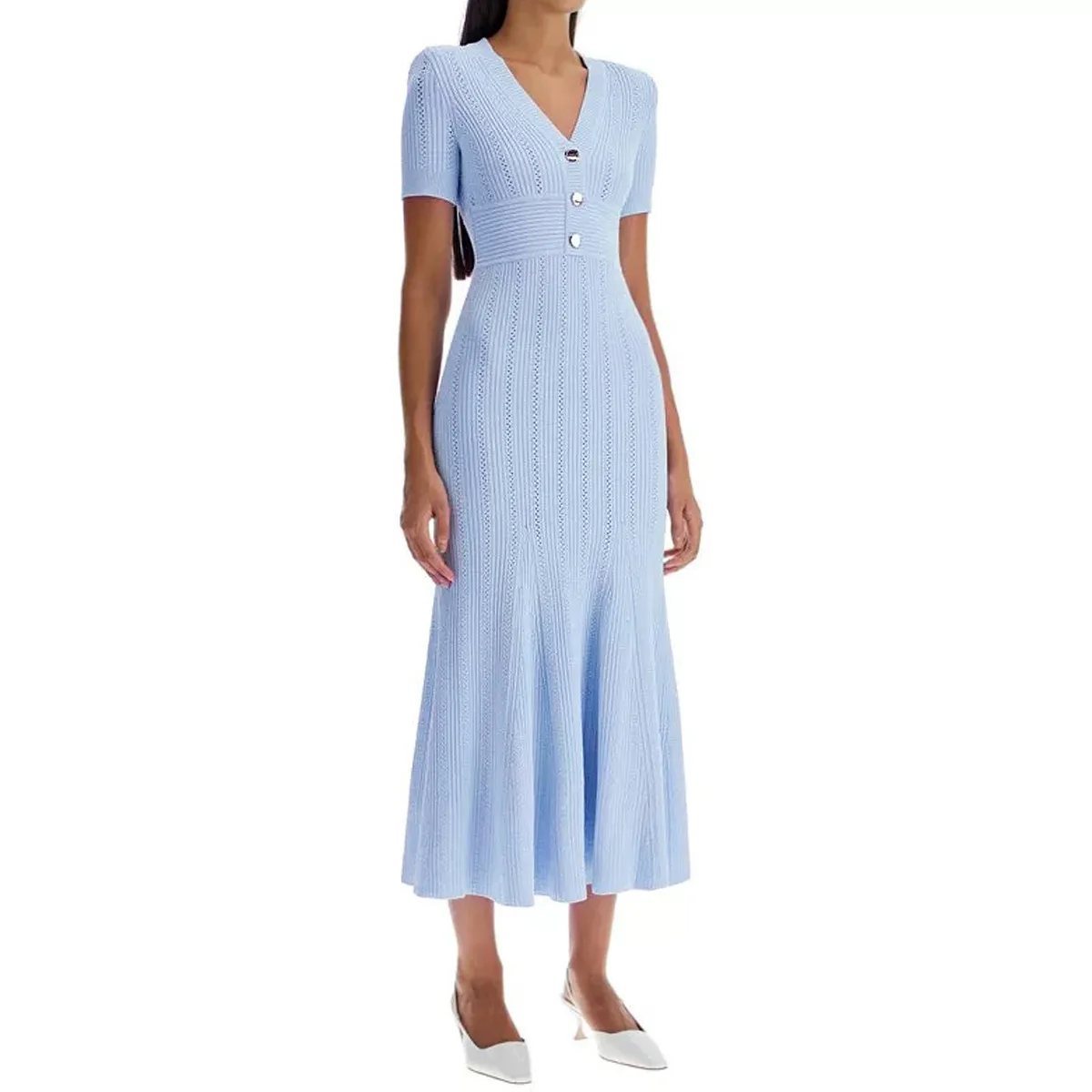 Francuska elegancka, dojeżdżająca do pracy, temperamentna, długa sukienka z dzianiny, dekolt w serek, z krótkim rękawem, jednorzędowa, wysoka talia, wąska sukienka z rybim ogonem, damska