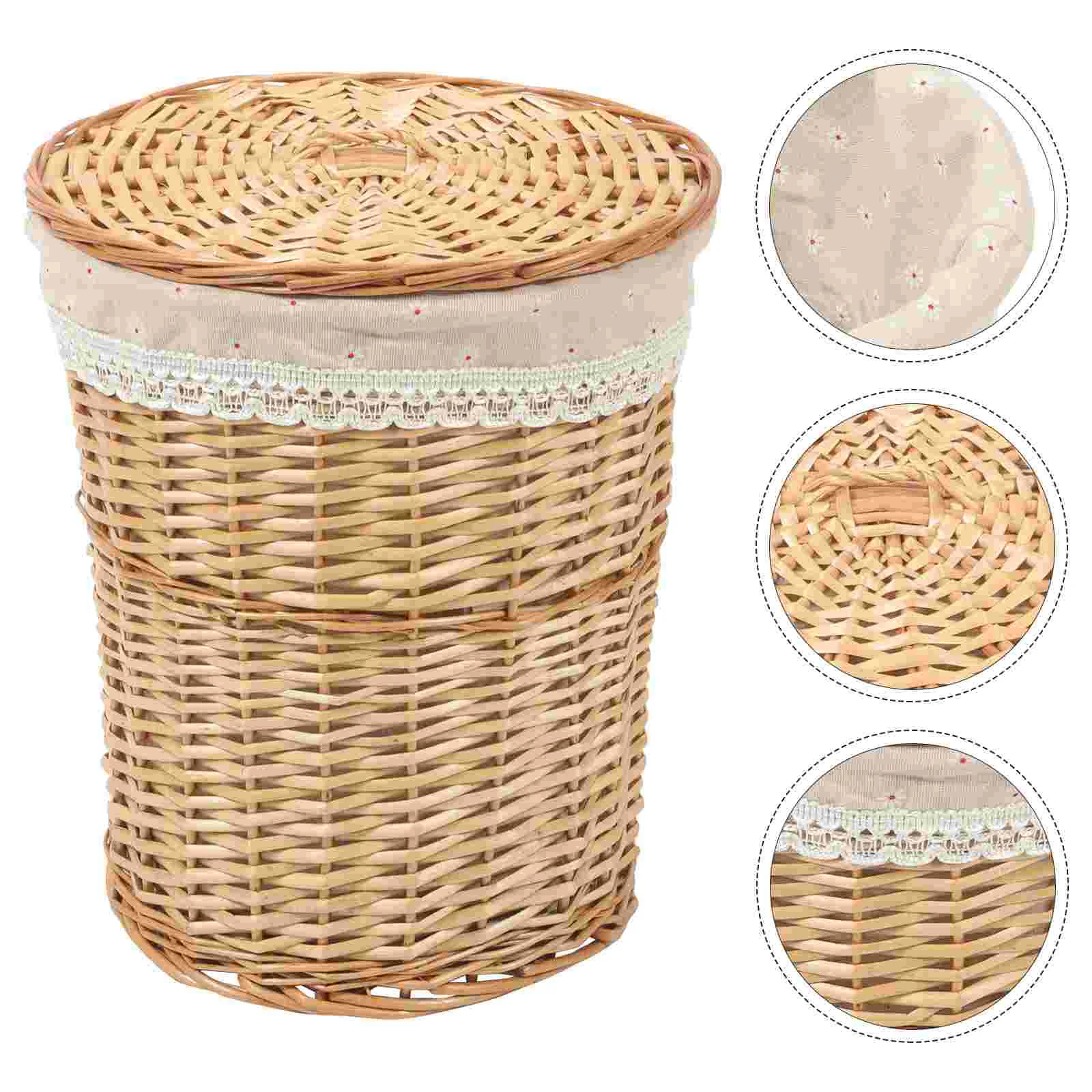 

Woven Storage Basket Laundry Hamper with Lid Decorative Desktop Weaving Grocery Hampers Baskets Clothing Cover Sundries