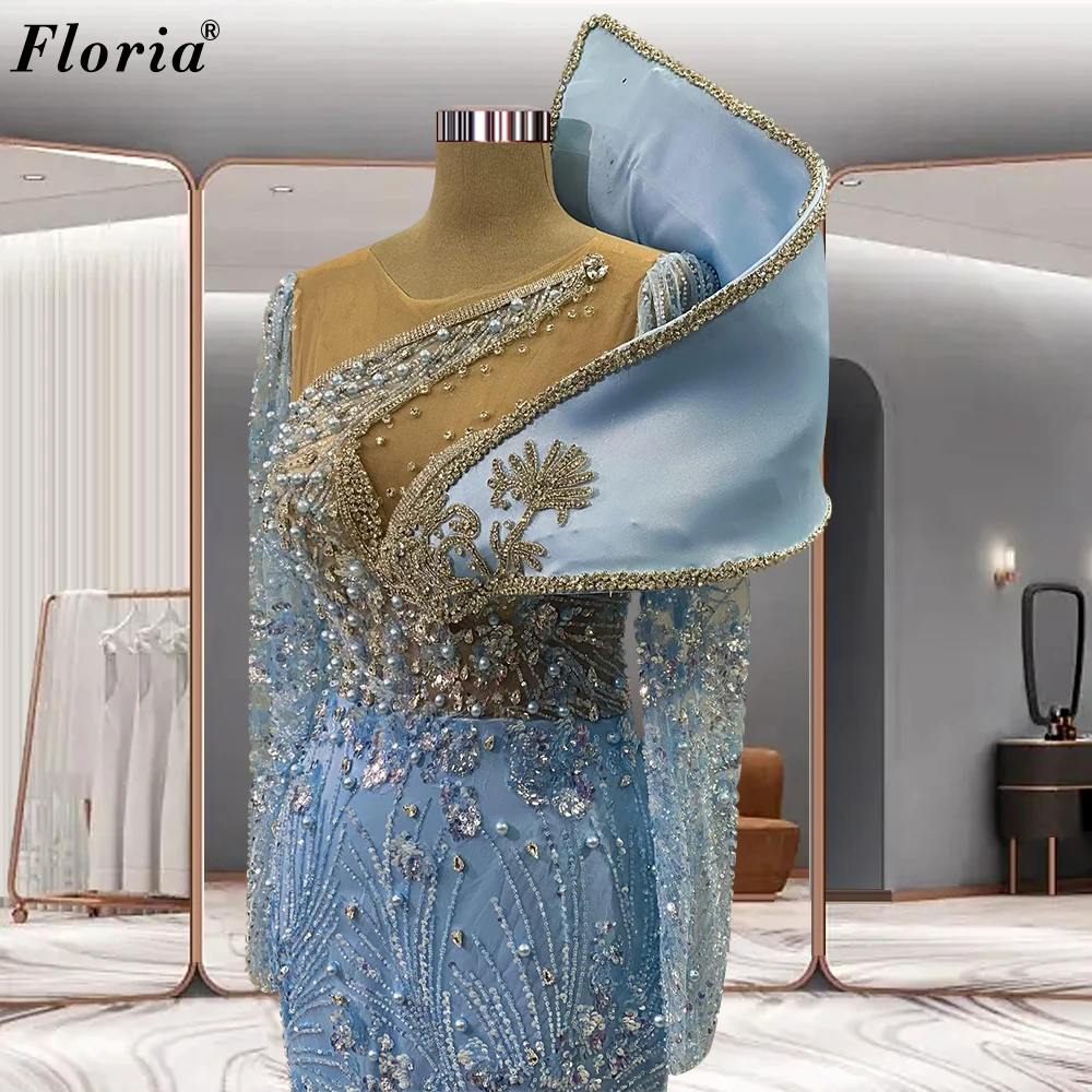 Sky Blue Sequined Evening Dresses Pearls Mermaid Formal Occasion Dresses Long Sleeves Celebrity Dress For Women Robes De Soirée