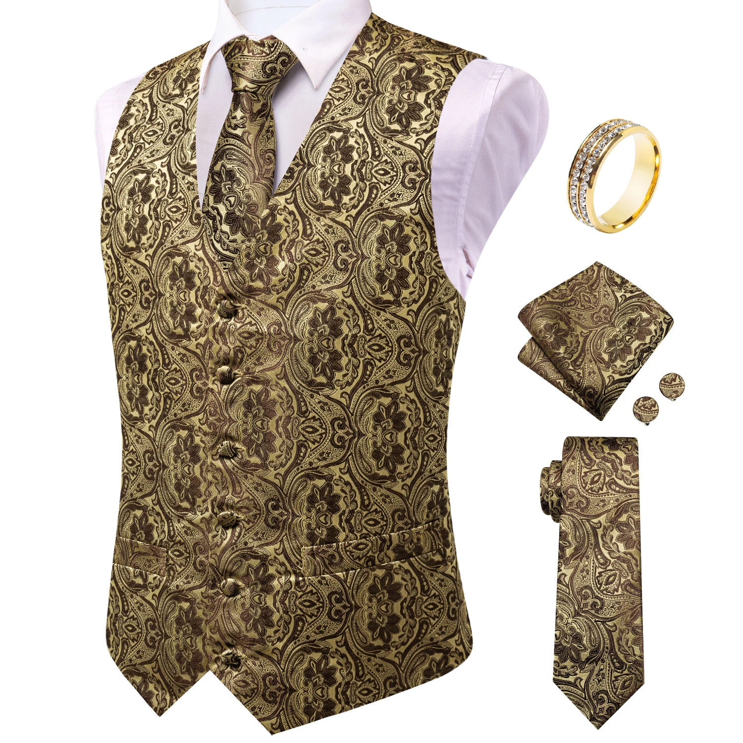 Gold Brown Paisley 5-Piece Waistcoat Set for Men, Vest Tie Handkerchief Cufflinks Ring, Gentleman Suit Accessories