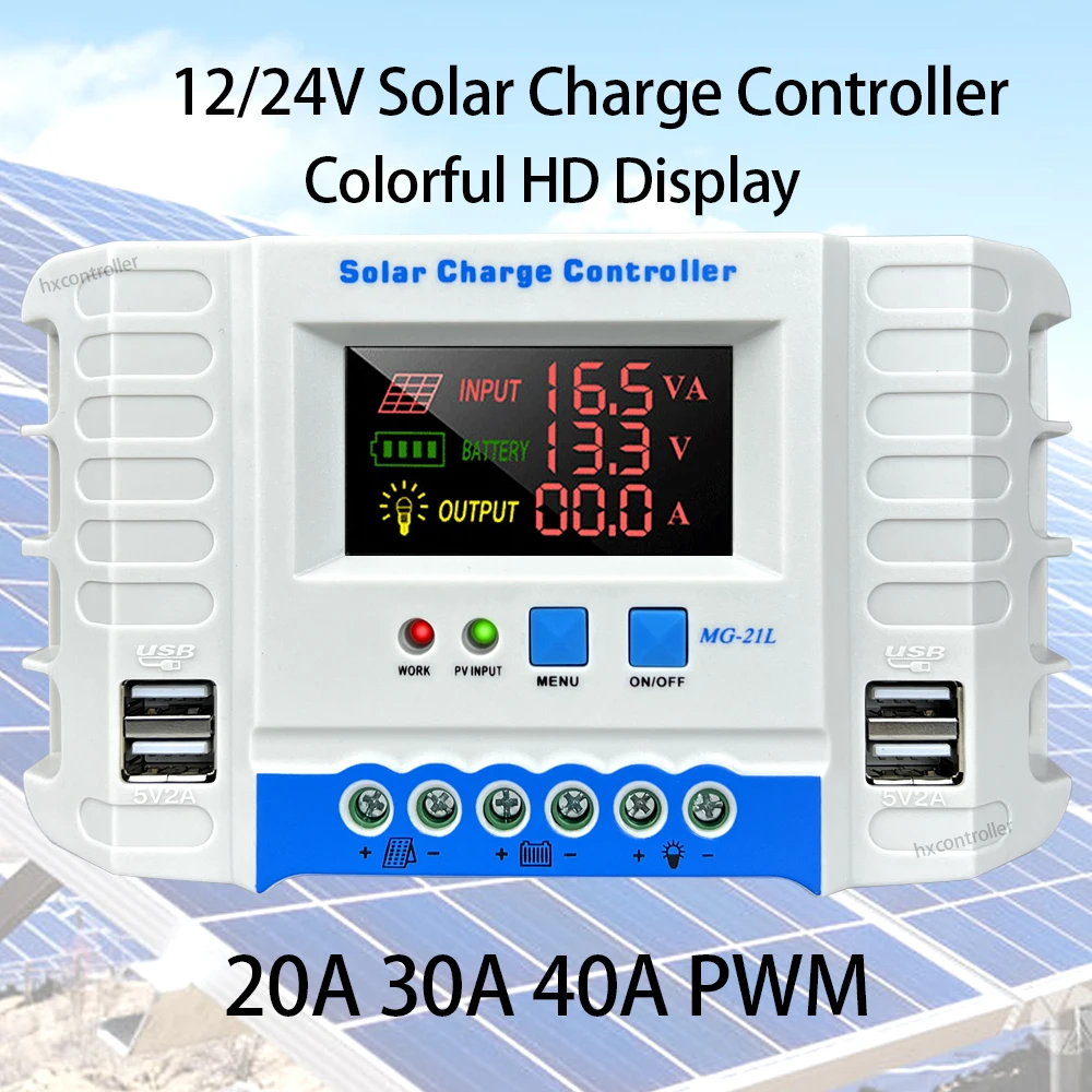 High Quality PWM 20A 30A 40A Solar Panel System Charge Controller 12V 24V PV Battery Regulator With Colorful HD Display