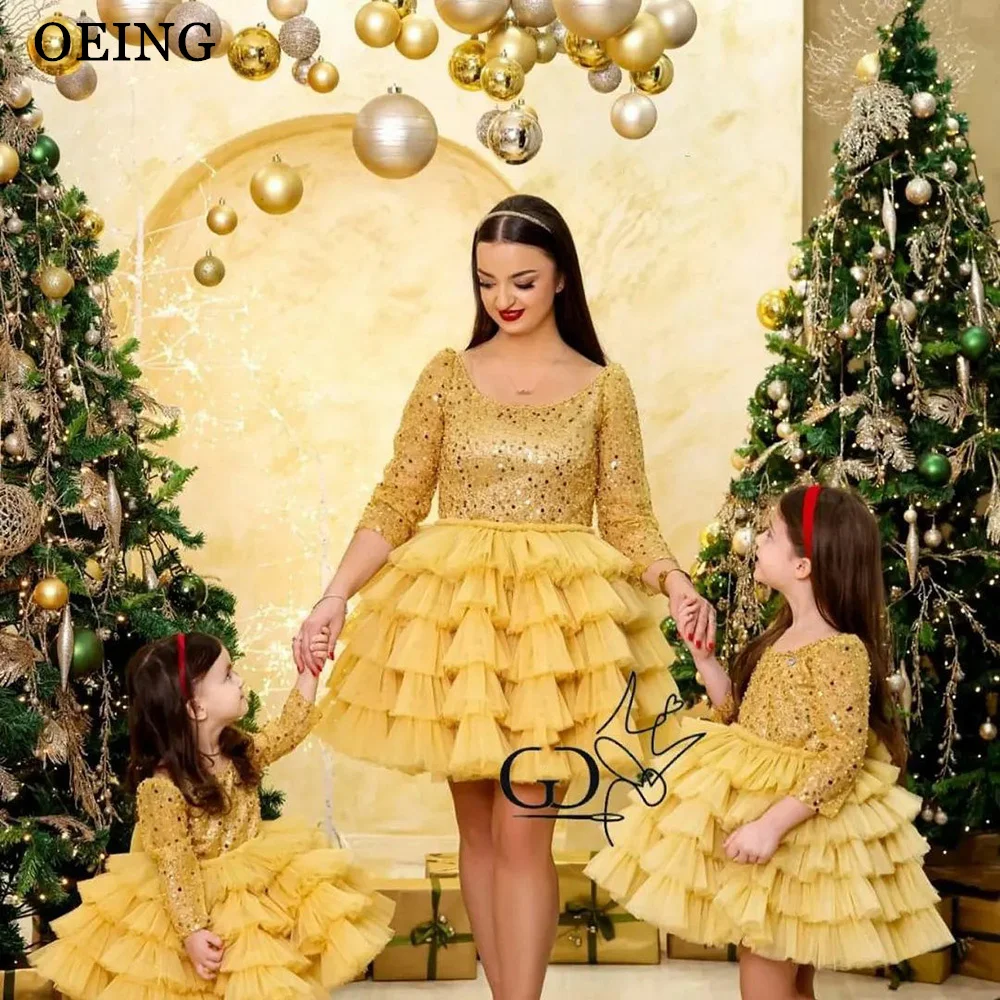 OEING Glitter Mother And Daughter Dresses Shiny Tulle Tiered Photo Shoot Scoop Neck Prom Gowns Elegant Long Sleeves Dresses