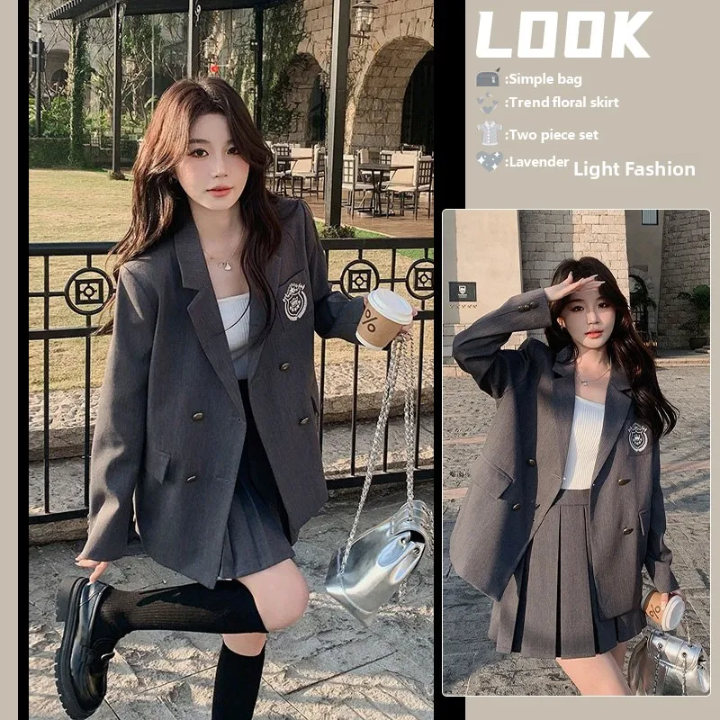 

Chic School Uniform Style Women's Suiting Set Korean High Waist Pleated Skirt Two Piece Set Autumn Fashion Anti-Wrinkle Long ...