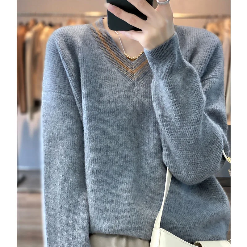 100% Merino Wool Cashmere Sweater Women\'s V-neck Pullover Autumn /Winter Casual Knit Tops Korean Style Loose Female Jacket Hot