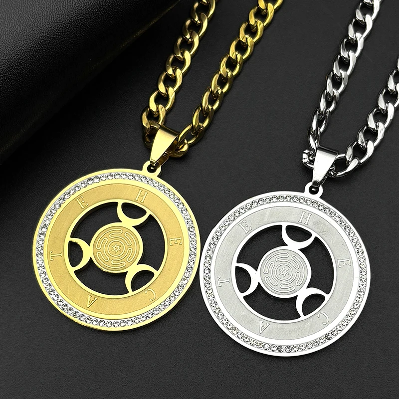 Wicca Triple Moon Goddness Hekate Wheel Stainless Steel Pendant Necklace Strophalos Hecate Magic Symbol Charm PIN Jewelry Gift
