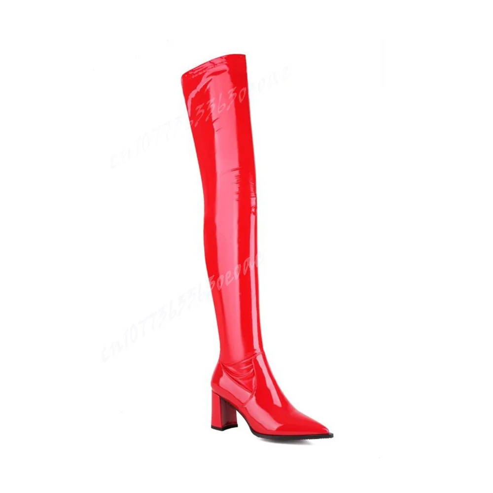 

Skintight Patent Leather Boots Pointed Toe over the Knee Boots for Women Chunky High Heels Boots 2024 Zapatos Para Mujere