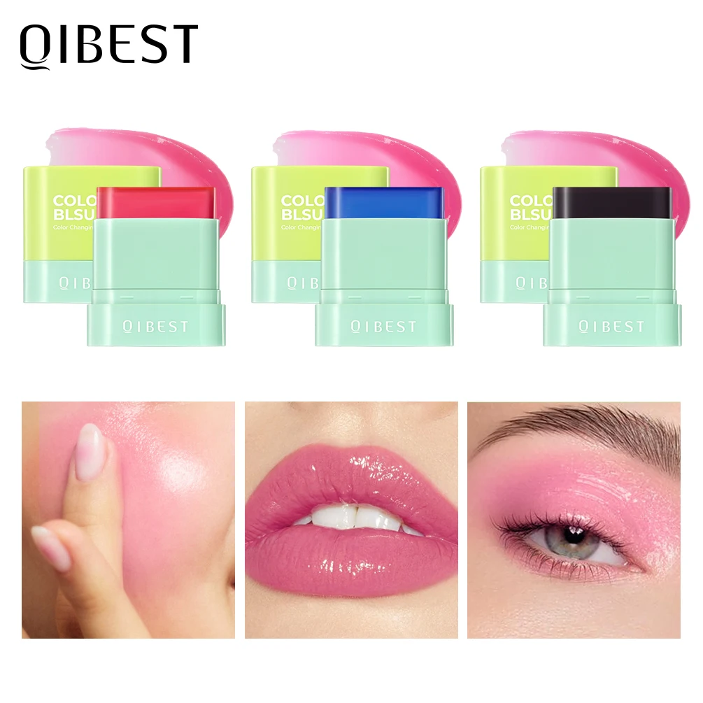 Qibest Jelly Blush Stick Lip and Cheek Stick, Multi-Purpose Tint Blush, Blush Cooling Water Tint Sheer Lip Stain Face Makeup