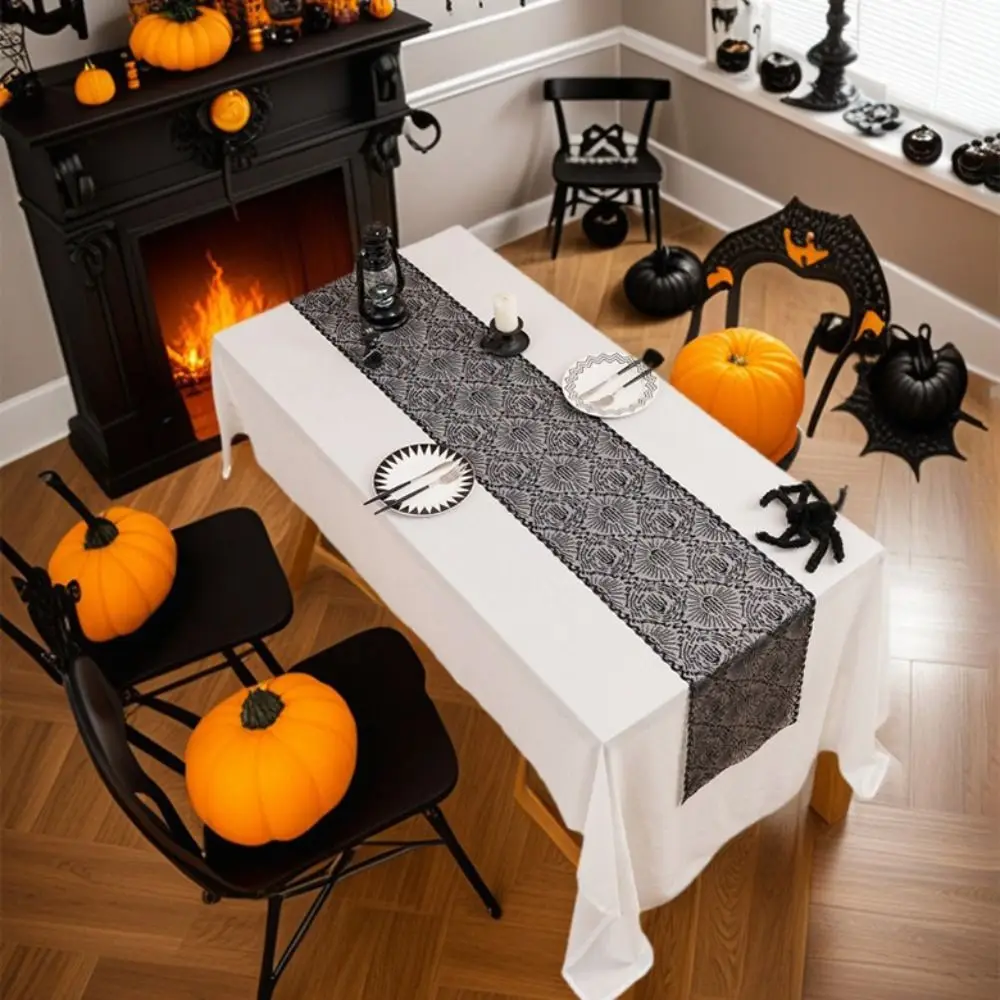 

Black Color Halloween Table Runner Long Length Lace Material Spider Web Table Runner Gothic Style Hollow Out Table Runner