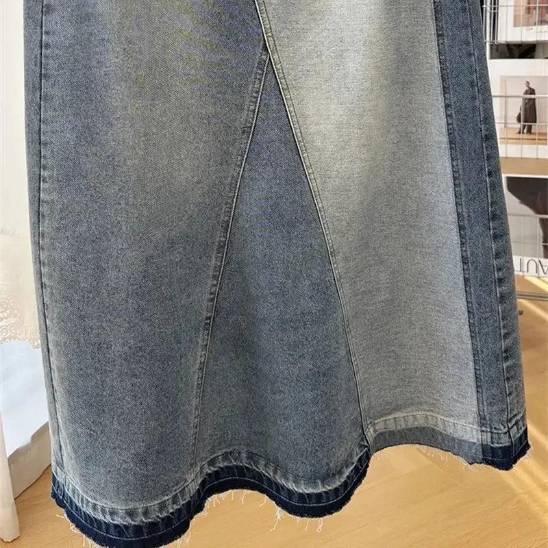 ใหม่ Retro Patchwork DENIM กระโปรงผู้หญิงแฟชั่นเอวสูง Casual กระโปรง High Street A-Line ปุ่มยาว Jupe