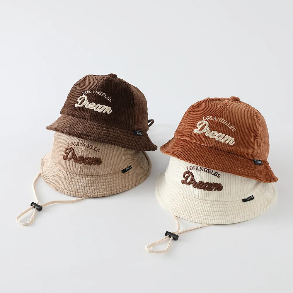 Baby Solid Color Sunscreen Hat Boys Keep Warm Corduroy Fisherman Hats Girls Sun Protection Letter Embroidery Bucket Cap Outdoor