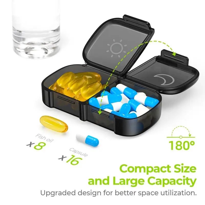 Portable Pill Organizer for Travel, Pill Box with Large One-Slide for Ease of Us, AM PM Case for Medicine, Fish Oil, Vitamins