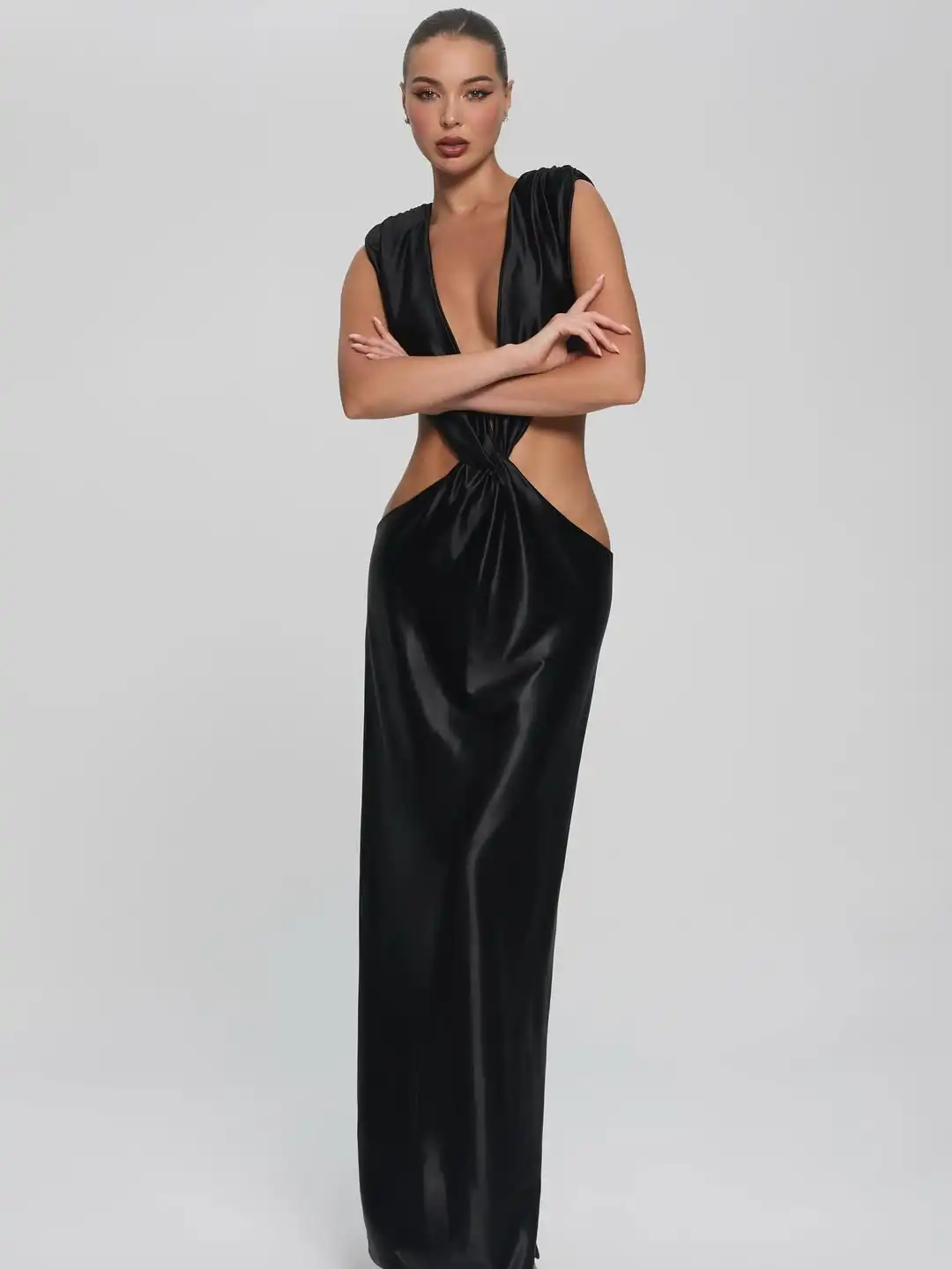 Chic cetim oco para fora maxi vestido feminino sem mangas sem costas profundo decote em v plissado estilingue vestidos 2026 senhora vestidos de festa à noite