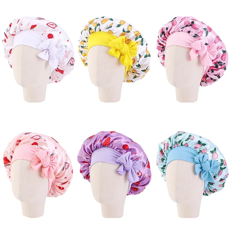 Fruit Printed Kids Satin Bonnet Silk Cap Child Hair Protect Beanie Night Boy Girls Floral Silk Sleep Cap with Band Bow Knot Hat