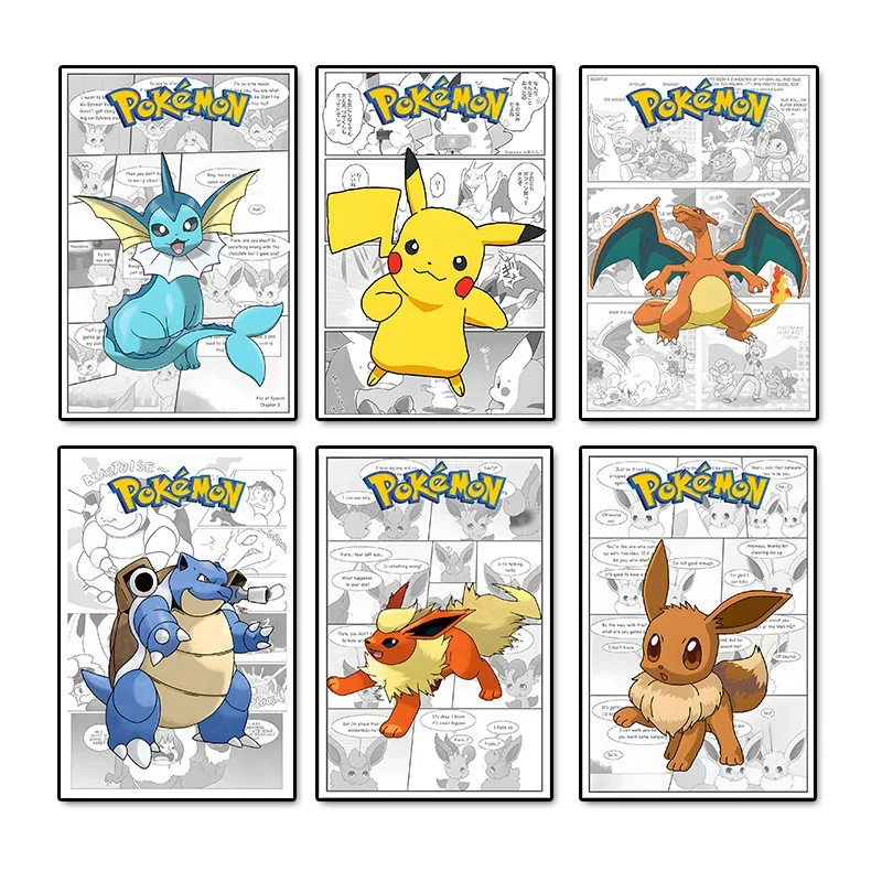 Frameless canvas paintings,Pokemon Pikachu Newspaper Manga Snorlax Eevee Charizard Poster Mural Boy Bedroom Home Cartoon Art Dec