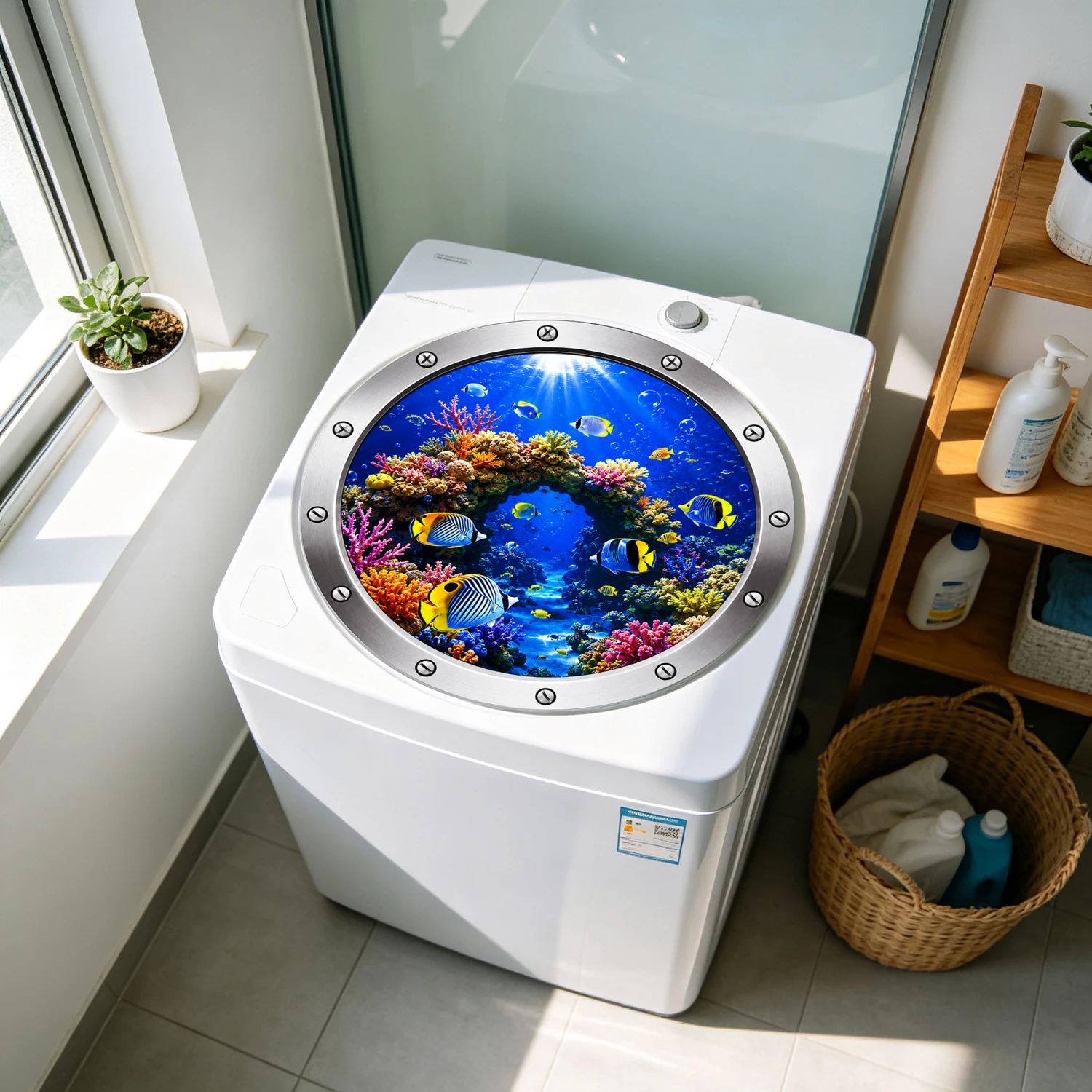 Submarine Porthole Under Sea World Wall Sticker Self-adhesive Waterproof Ocean Animal Decal for Washing Machine Fridge Kids Room