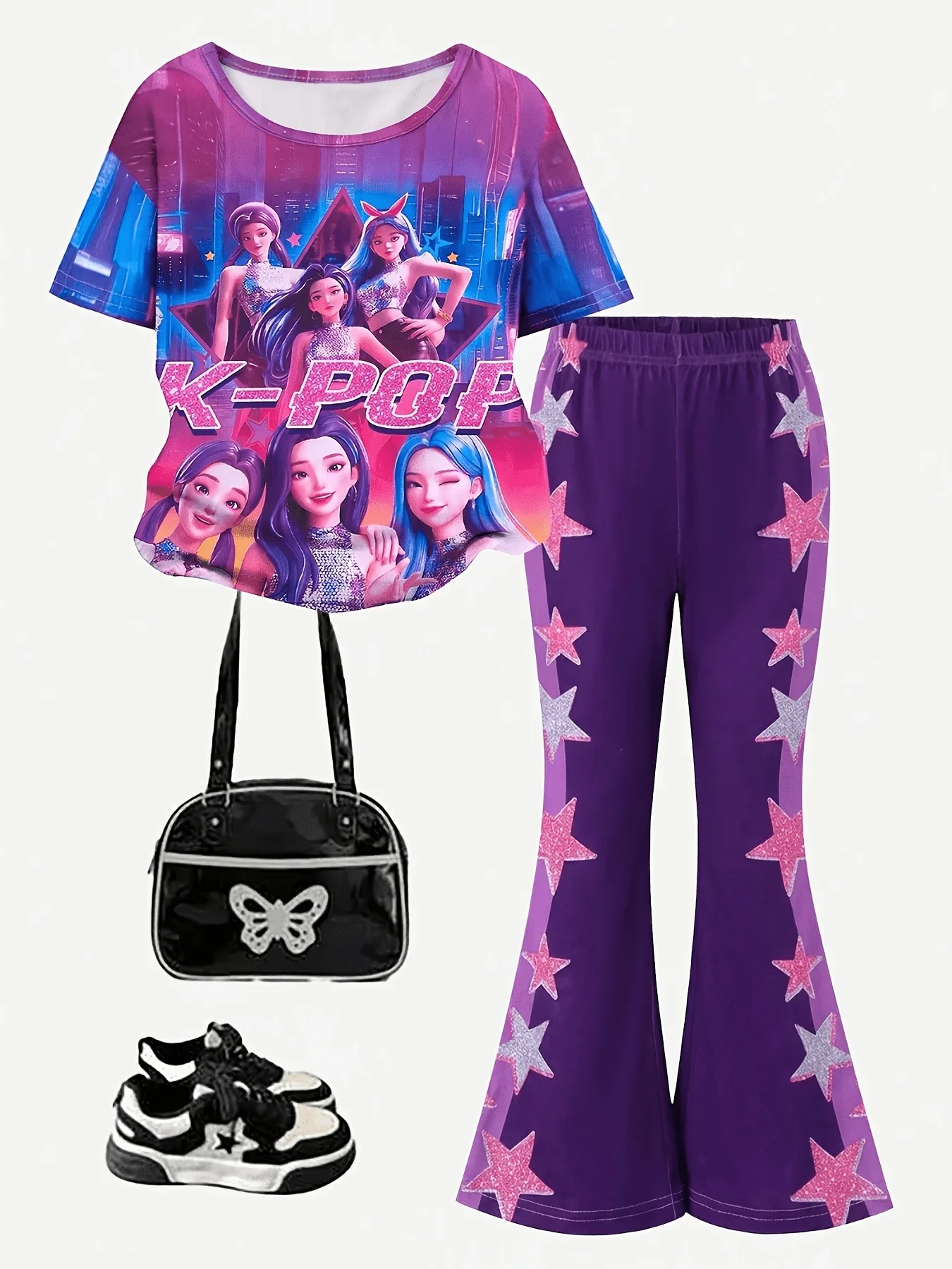 Trendiger 2-teiliger Y2K-Freizeitanzug für Mädchen, lebhaft bedrucktes K-Pop-Idol-Kurzarmshirt, Stern-Aufkleber-Dekor, elastische Taille, lila Glockenhose – Detail 4