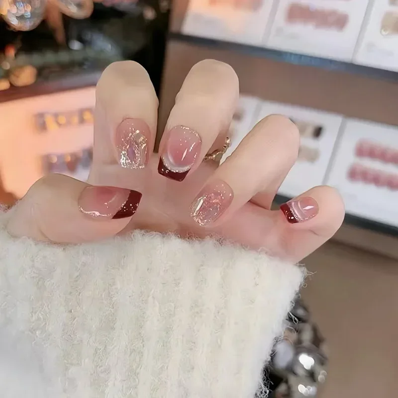 

10pcs Handmade Press on Nails Silver Powder Line French Smudged Cat's Eye Fake Nail Detachable Wearable Nail for Wedding Party