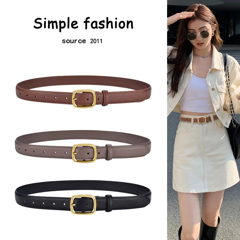 2.8cm Genuine Leather Thin Belt For Women's Leisure Travel High-Quality Loose And Narrow Black Khaki Small Needle Buckle Belt