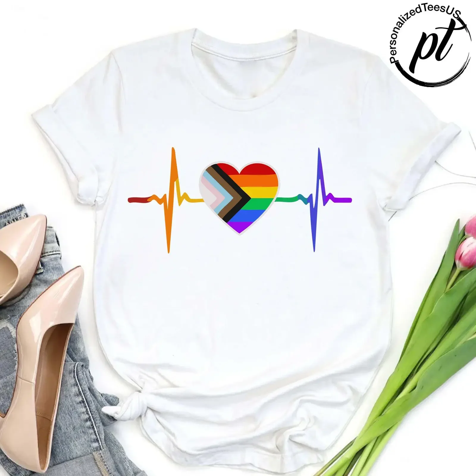 Rainbow Heartbeat LGBTQ Pride T Shirt Gay Lesbian Trans Ally vintage Washed fashion Comfortable homme Versatile Casual Slightly