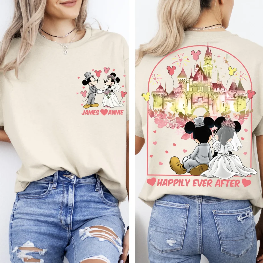 Dwustronna koszulka dla par z motywem Myszki Miki i Minnie, z napisem \\\\\\\"Happily Ever After\\\\\\\", koszulka ślubna Disney, koszulka dla świeżo upieczonych, koszulka na miesiąc miodowy.