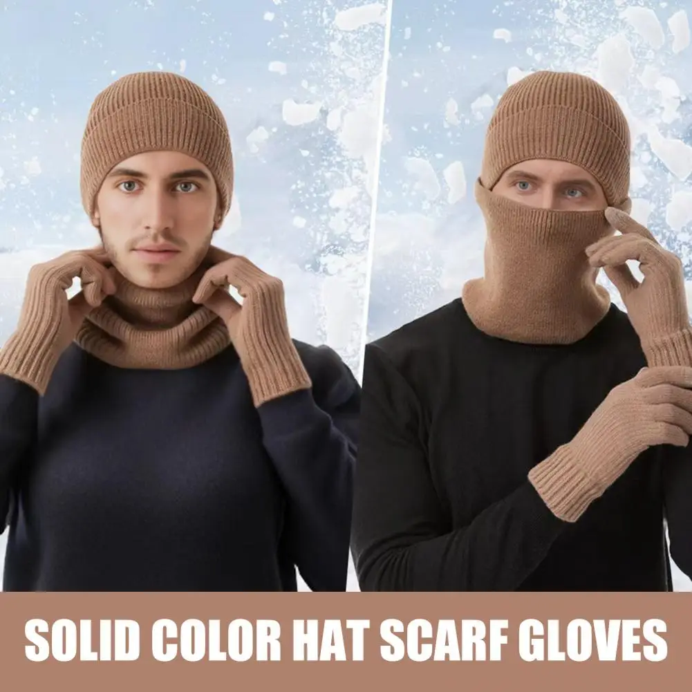 Comfortable Winter Set 3pcs Winter Hat Scarf Gloves Set Solid Color Brimless Windproof Neck Warmer Touchscreen Mittens