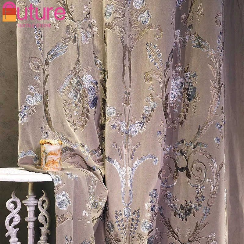 Vintage American Purple Gray Flannelette Thickened Curtains for Living Room Bedroom Villa High Window French Window Customized