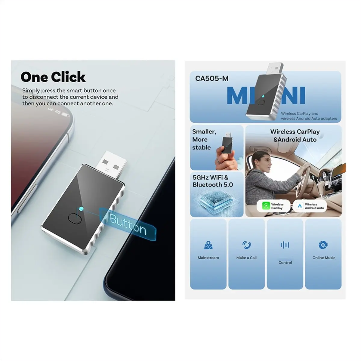 Wired to Wireless Carplay Android 2 in 1 Automatic Adapter Car Gadget Smart Box Plug and Play Wifi Fast Connection