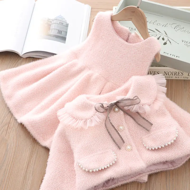 Pink Thick Coat+Sundress 2PCS Kids Winter Warm Princess Clothes Set Toddler Girl Autumn Clothing Children Elegant Jackets Suit