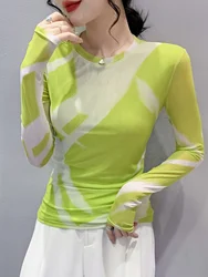 Autumn Fashion Printing Long-Sleeved Round Neck T-shirt Women Contrast Color Slim Double-Layer Mesh Tees Tops