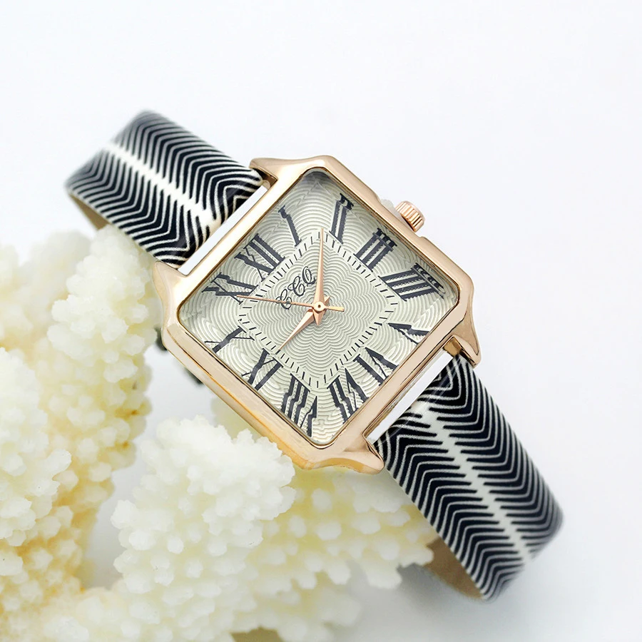 

Roman Rose Gold Women Dress Watch Casual Female Square Quartz WristWatch New Fashion Wavy Leather Strap Ladies Clock