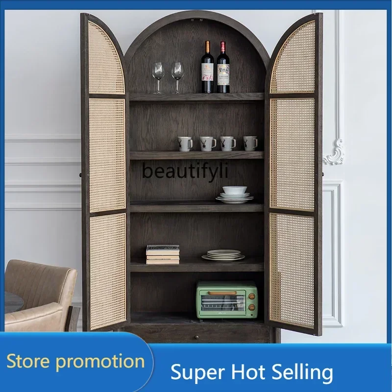 C Bed & Breakfast Bedroom Solid Wood Wardrobe Japanese Household Vintage Rattan Storage Cabinet