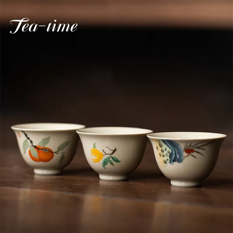 식물 애쉬 글레이즈 세라믹 찻잔, 레트로 핸드 페인팅 감 아트 싱글 마스터 컵, 쿵푸 티 세트, 작은 찻그릇, 50ml, 2 개 세트 