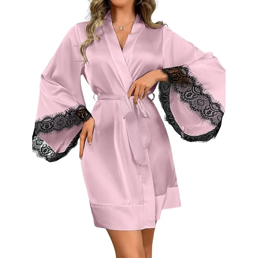 

Satin Short Robes, Lace Soft Lightweight, Wedding Night, Sexy Silk Bathrobe For Women Kimono Bridesmaid Robe