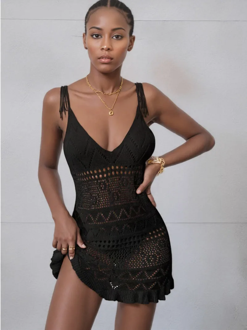 Dress Clothes Women Summer Solid Color Sleeveless Knitted Cover Up Backless Stylish Beach Dresses Vintage Dress 8R4D