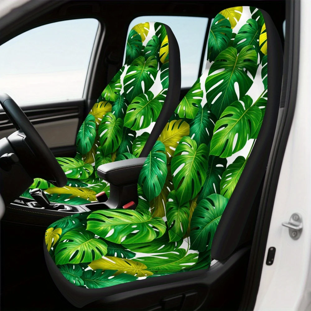 قطعتان من أغطية مقاعد السيارة المطبوعة بأوراق استوائية خضراء - قابلة للغسل، بوليستر متين، مناسب عالمي للسيارات وسيارات الدفع الرباعي والشاحنات - Gre نابضة بالحياة #1