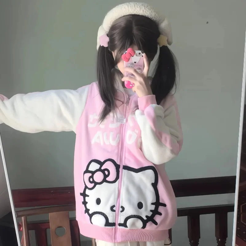 Sanrio Hello Kitty Plush Hoodies Women Fashion Zippers Cardigan American Trend Couples Sweatshirt Y2k Sweet Cute Girls Clothing