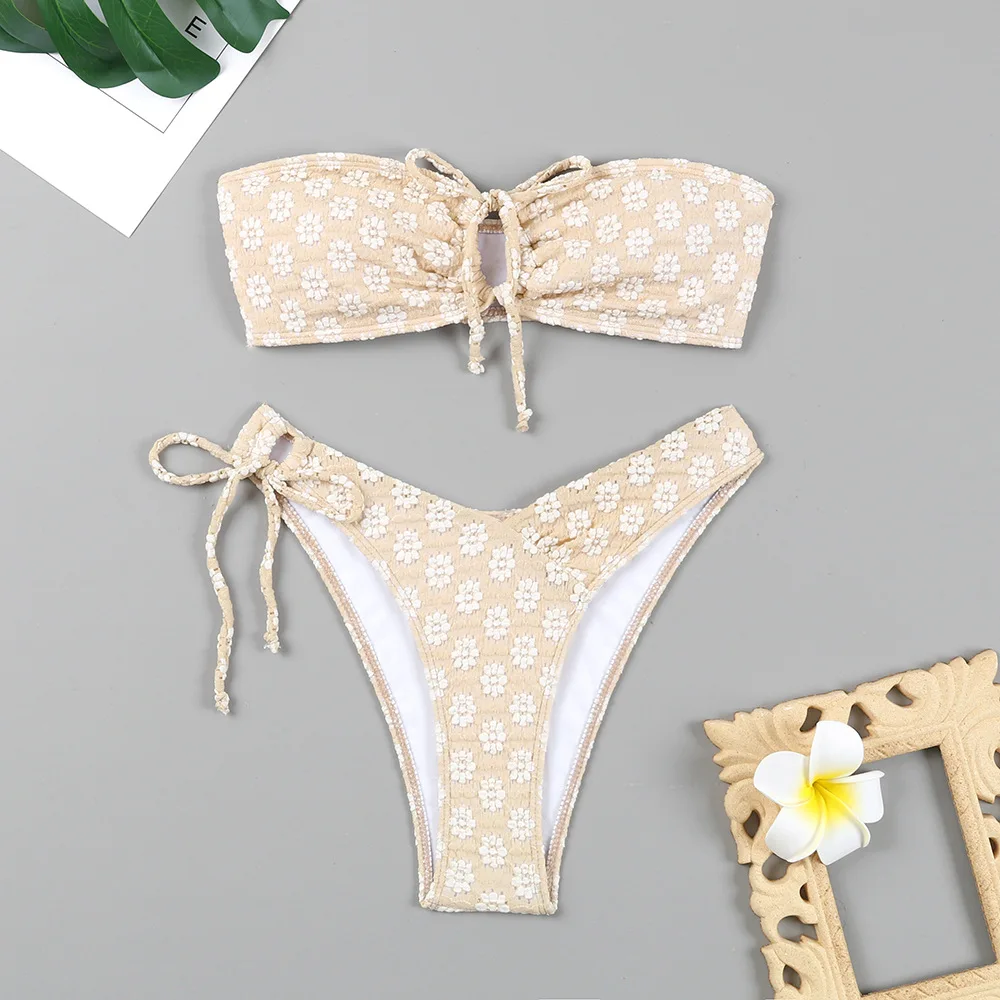 

Hot Sale Off Shoulder New Bikini Swimsuit Women's Bandeau Floral Special Fabric Multicolor Lace Up Swimwear