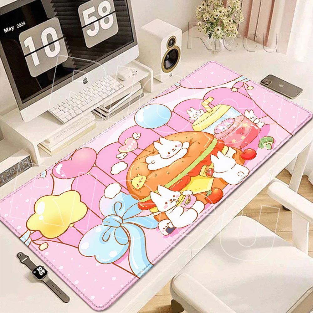 Pink Bunny Desk Pad Protector Rabbit Love Mouse Pad Office Accessories Desk Mats Anti-Slip Rubber Base Desk Blotter Pad LockEdge