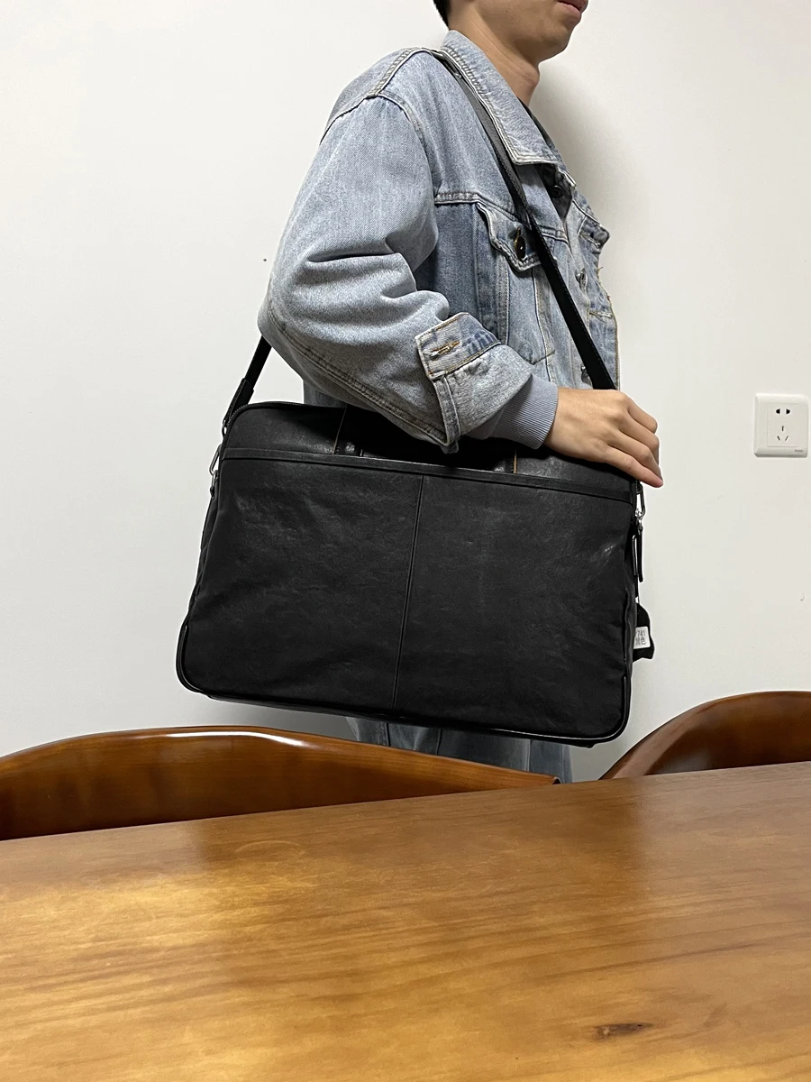 Semplice e casual in pelle bovina conciata al vegetale da uomo e da donna, valigetta nera da viaggio d'affari, borsa per laptop da 15 pollici in vera pelle di lusso