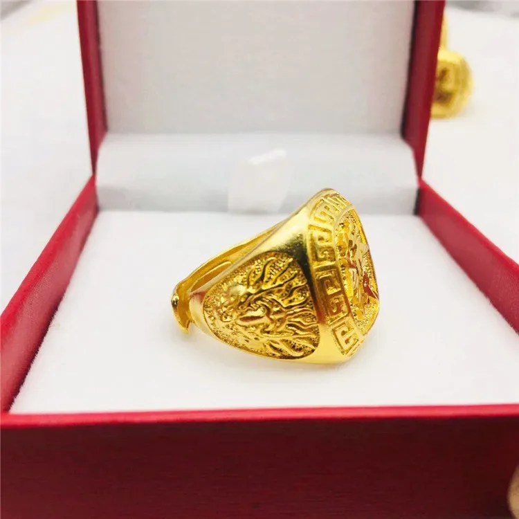 Domineering Gold Color Mens Rings Pure Thick 14 K Orginal Gold Color Rings Wedding Birthday Gift Resizable Jewelry Luxury Rings