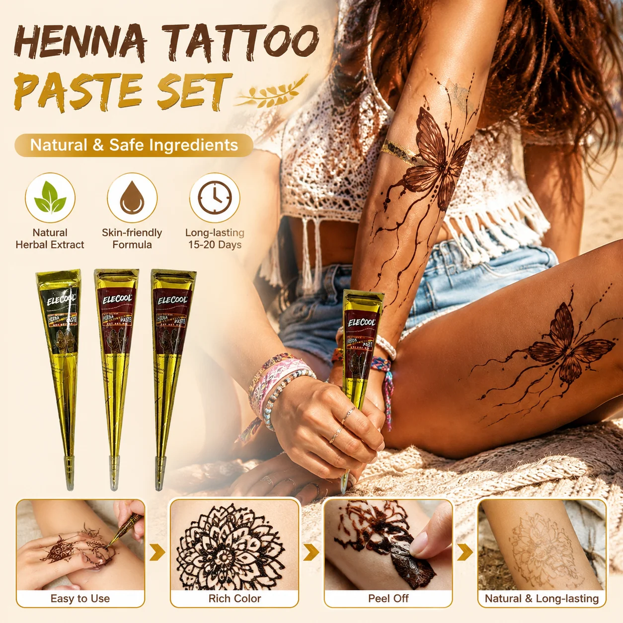 1-3pcs Henna Tattoo Paste Set brown, black, red, pink, green, Semi-permanent Temporary Tattoo Paste For DIY Tattoo Body Art