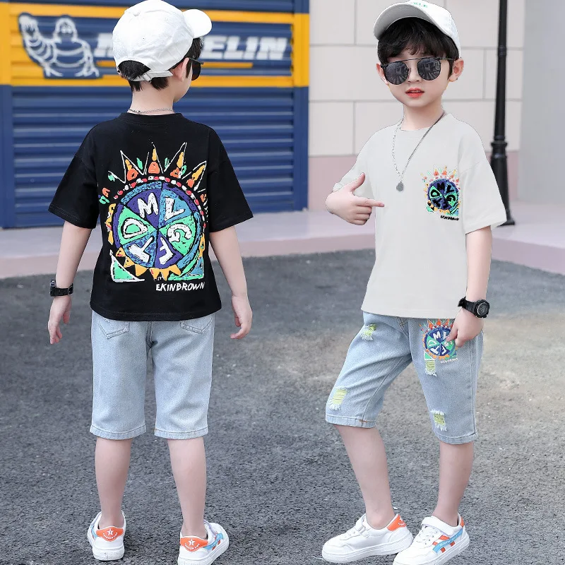 Teenager Baby Boys Clothing Set Summer Children Kid Sport T-shirt + Hole Denim Shorts Suit Toddler Boys Fashion BOY Clothes Sets